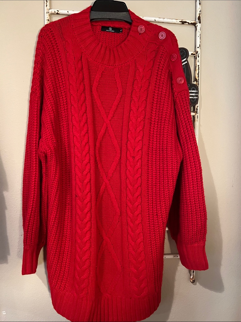Red Cable-Knit Crewneck Sweater with Shoulder Button Detail